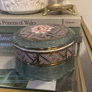 Vintage 1970s Hand Painted Lotus Flower Porcelain Trinket Jar